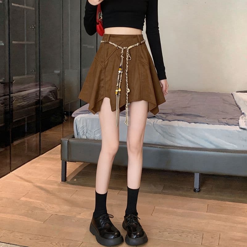 실사 레트로 스웨이드 원단 반신 스커트 여성 가을 겨울 새로운 핫걸 하이웨이스트 불규칙 한 마디 미니 스커트 우산 치마 이미지 4
