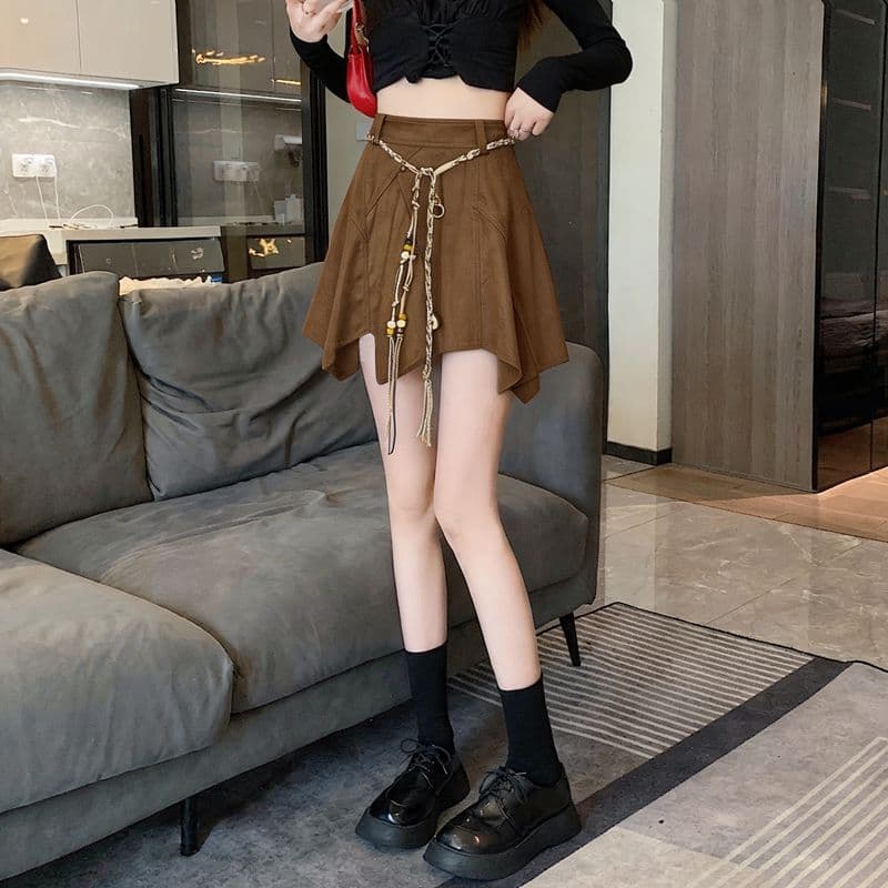 실사 레트로 스웨이드 원단 반신 스커트 여성 가을 겨울 새로운 핫걸 하이웨이스트 불규칙 한 마디 미니 스커트 우산 치마 상세 이미지 1