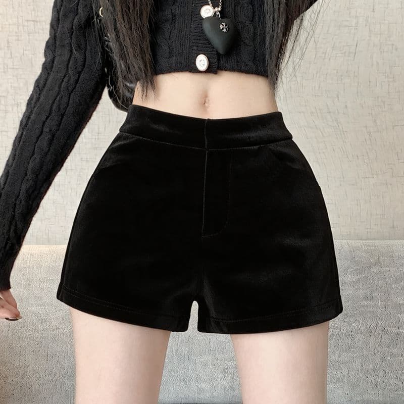 실사 검정색 벨벳 가을 겨울 반바지 여성 핫걸 스타일 한국 스타일 슬림해 보이는 바지 한 마디 슬림해 보이는 하이웨이스트 와이드 레그 팬츠 상세 이미지 1