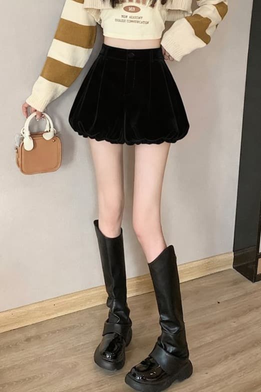 실사 꽃밭 바지 와이드 레그 팬츠 검정색 벨벳 가을 겨울철 새로운 한 마디 한국 스타일 디자인 센스 하이웨이스트 슬림해 보이는 반바지 이미지 5