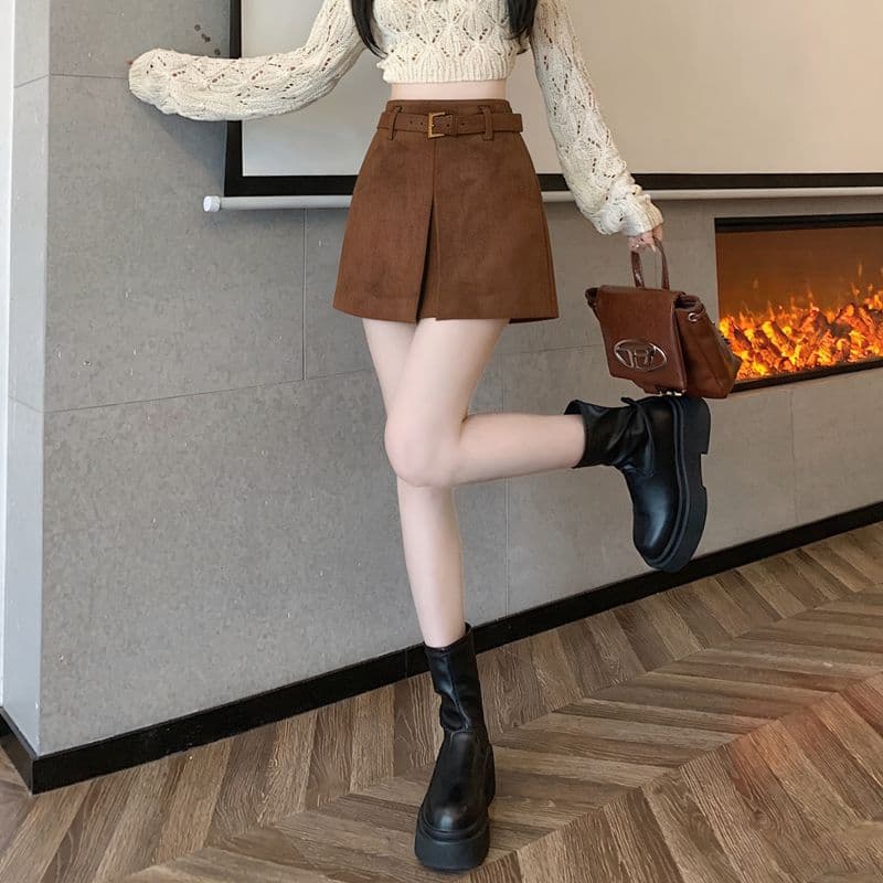 실사 사슴 캐시미어 커피 색상 미니 스커트 여성 가을 겨울 새로운 반신 스커트 한 마디 하이웨이스트 슬림해 보이는 치마 벨트 포함 이미지 3