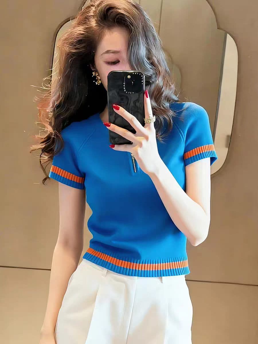 조수 브랜드 작은 대중 Chic 배색 디자인 센스 반팔 니트 스웨터 패션 출퇴근 다용도 느긋한 바람 여름 맨위 여성 상세 이미지 6
