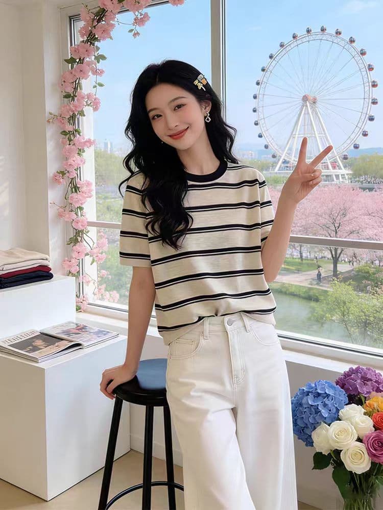 한국 스타일 배색 스트라이프 라운드 넥 쇼트 스타일 맨위 외국 가스 고유 한 Chic 슈퍼 잘 생긴 긍정적 인 어깨 반팔 티셔츠 여성 여름 섹션 상세 이미지 4