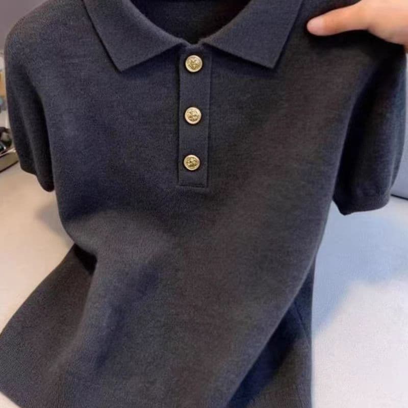 어두운 회색 POLO 칼라 반팔 티셔츠 여성 여름 얇은 스타일 빅 사이즈 지방 mm 몸매 가꾸기 슬림해 보이는 긍정적 인 어깨 출퇴근 맨위 이미지 4