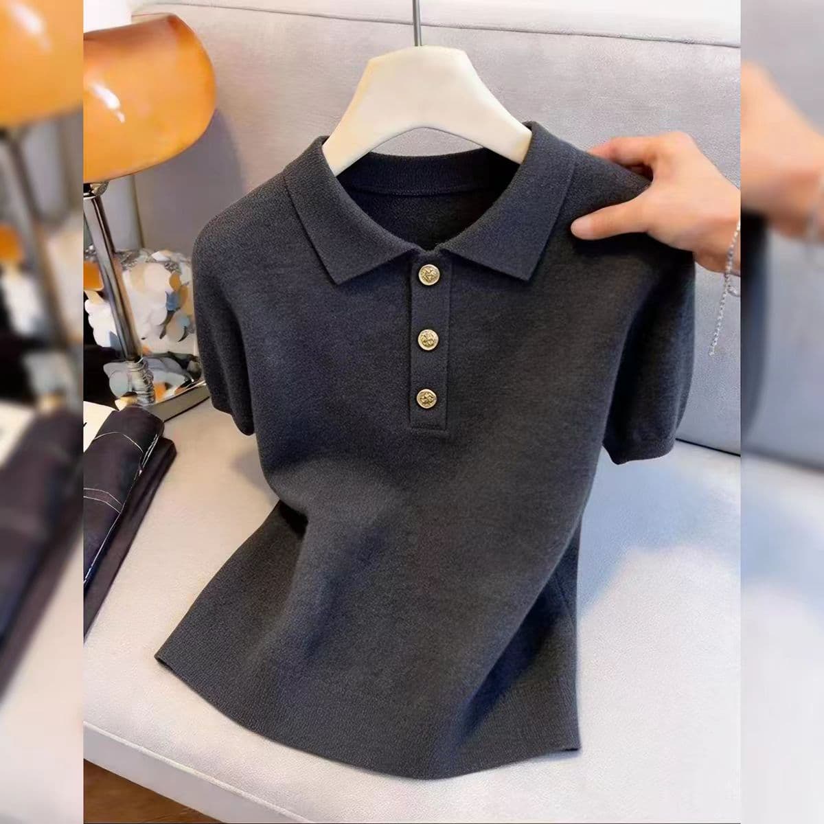 어두운 회색 POLO 칼라 반팔 티셔츠 여성 여름 얇은 스타일 빅 사이즈 지방 mm 몸매 가꾸기 슬림해 보이는 긍정적 인 어깨 출퇴근 맨위 상세 이미지 6