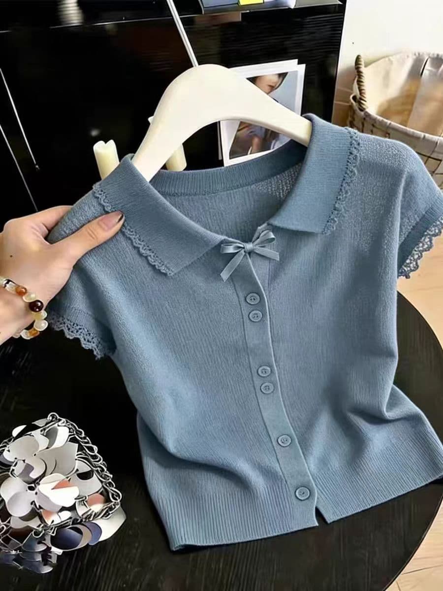 정통 형제 홈 새로운 2026 여름 폴로 칼라 나비 매듭 레이스 측면 반팔 니트 스웨터 여성 고유 한 Chic 맨위