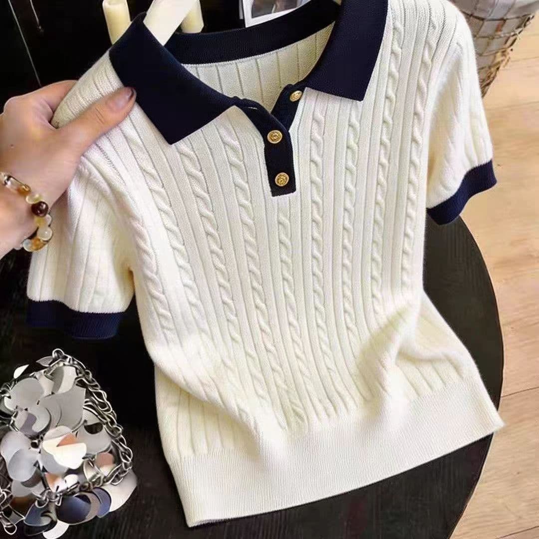 한 부서 얼음 실크 POLO 셔츠 티셔츠 여성 여름 얇은 스타일 작은 키 꽈배기 니트 반팔 쇼트 스타일 폴로 칼라 맨위 상세 이미지 6