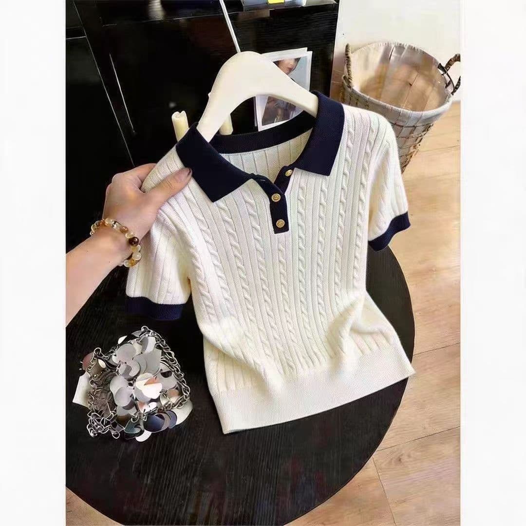 한 부서 얼음 실크 POLO 셔츠 티셔츠 여성 여름 얇은 스타일 작은 키 꽈배기 니트 반팔 쇼트 스타일 폴로 칼라 맨위 상세 이미지 9