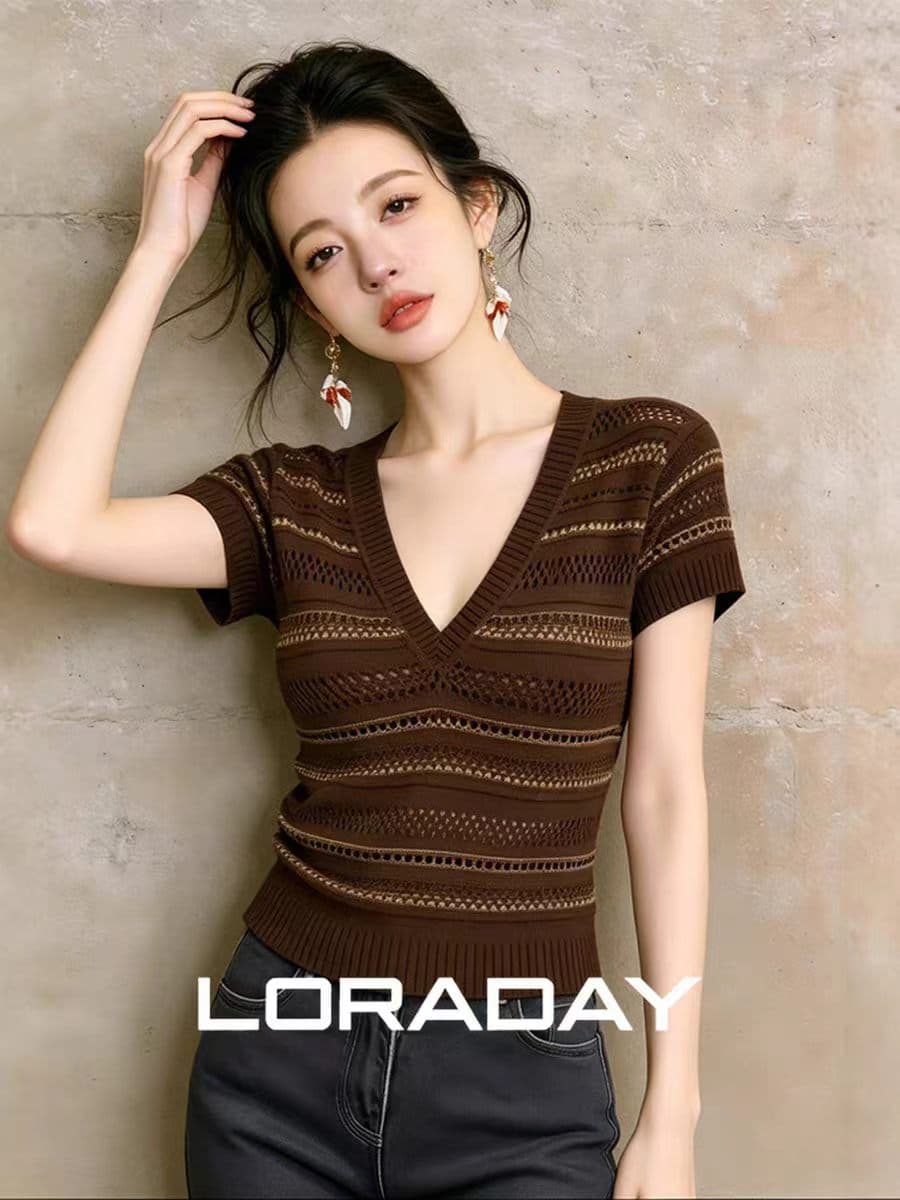 여름 인기 폭발 프랑스식 사소한 맨위 패션 오래된 돈 바람 스트라이프 깊은 V 넥 니트 반팔 이미지 2