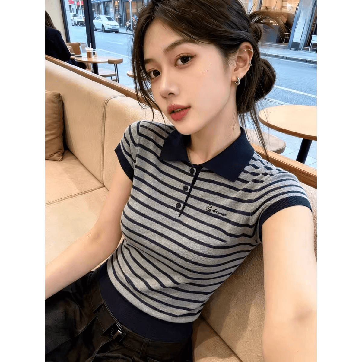 올해 인기 폭발 POLO 칼라 스트라이프 반팔 니트 스웨터 여성 여름 새로운 몸매 가꾸기 슬림해 보이는 외국 가스 맨위 트렌디 이미지 5