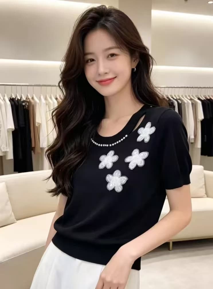 부드러운 출퇴근 바람 검정색 라운드 넥 반팔 니트 스웨터 여성 3 차원 꽃 진주 장식 외국 가스 다용도 섹션 맨위 상세 이미지 9