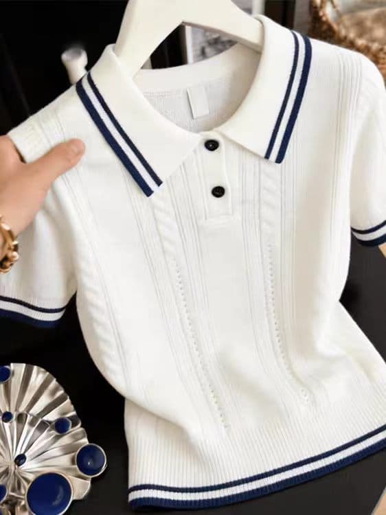 뽕나무 누에 실크 배색 POLO 칼라 반팔 니트 티셔츠 여성 여름 작은 대중 고유 한 얼음 실크 슬림해 보이는 캐주얼 바람 맨위 상세 이미지 3