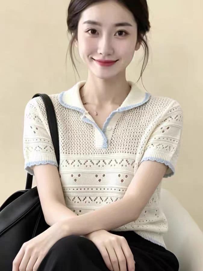 유럽 상품 2026 여름 새로운 반팔 니트 스웨터 여성 프랑스식 디자인 홀로우 아웃 폴로 칼라 배색 슬림해 보이는 다용도 맨위 상세 이미지 2