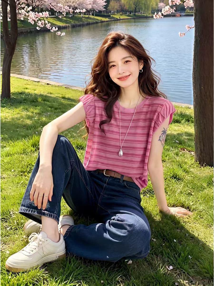 시징 2026 여름 새로운 스트라이프 패치워크 색상 Feifei 소매 짠 셔츠 얇은 스타일 불규칙 티셔츠 상세 이미지 2
