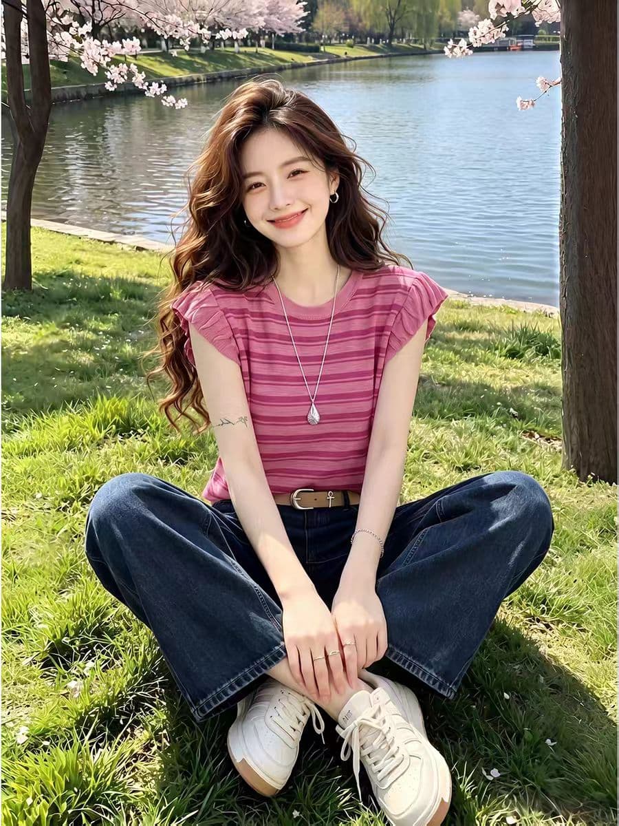 시징 2026 여름 새로운 스트라이프 패치워크 색상 Feifei 소매 짠 셔츠 얇은 스타일 불규칙 티셔츠 상세 이미지 3