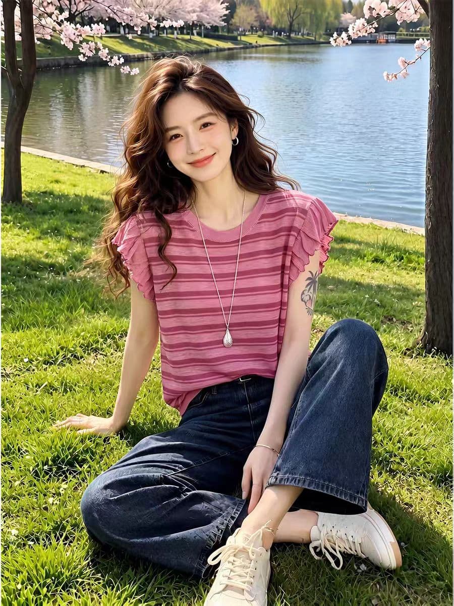 시징 2026 여름 새로운 스트라이프 패치워크 색상 Feifei 소매 짠 셔츠 얇은 스타일 불규칙 티셔츠 상세 이미지 5