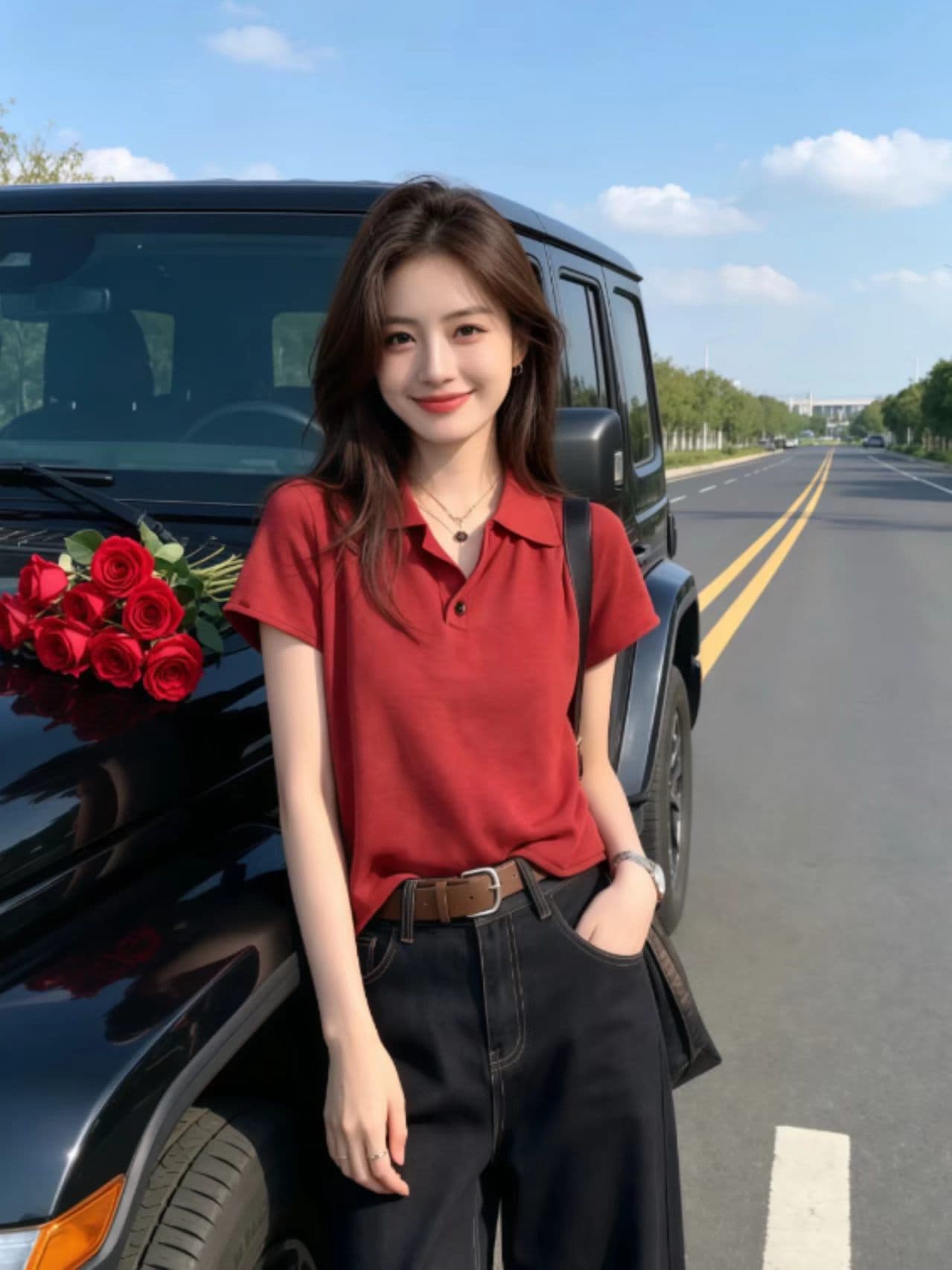 POLO 칼라 빨간색 볼륨 측면 반팔 니트 스웨터 여성 2026 년 새로운 여름 얇은 스타일 티셔츠 미니멀리즘 슬림해 보이는 맨위