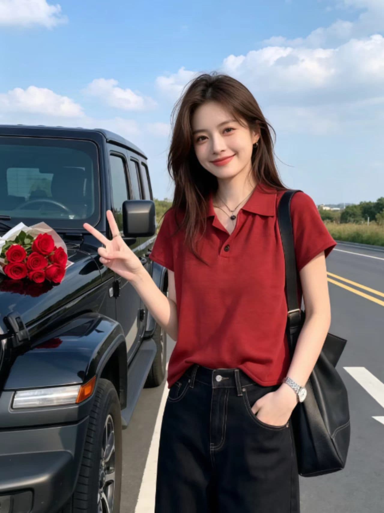 POLO 칼라 빨간색 볼륨 측면 반팔 니트 스웨터 여성 2026 년 새로운 여름 얇은 스타일 티셔츠 미니멀리즘 슬림해 보이는 맨위 이미지 2