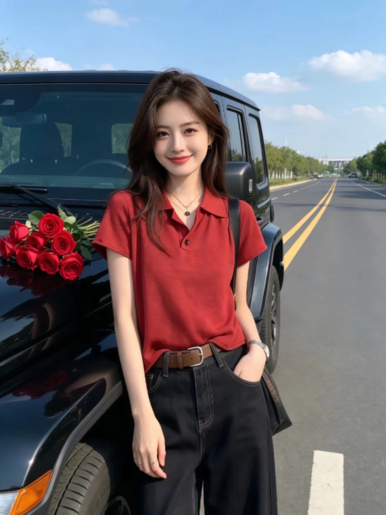 POLO 칼라 빨간색 볼륨 측면 반팔 니트 스웨터 여성 2026 년 새로운 여름 얇은 스타일 티셔츠 미니멀리즘 슬림해 보이는 맨위 상세 이미지 6