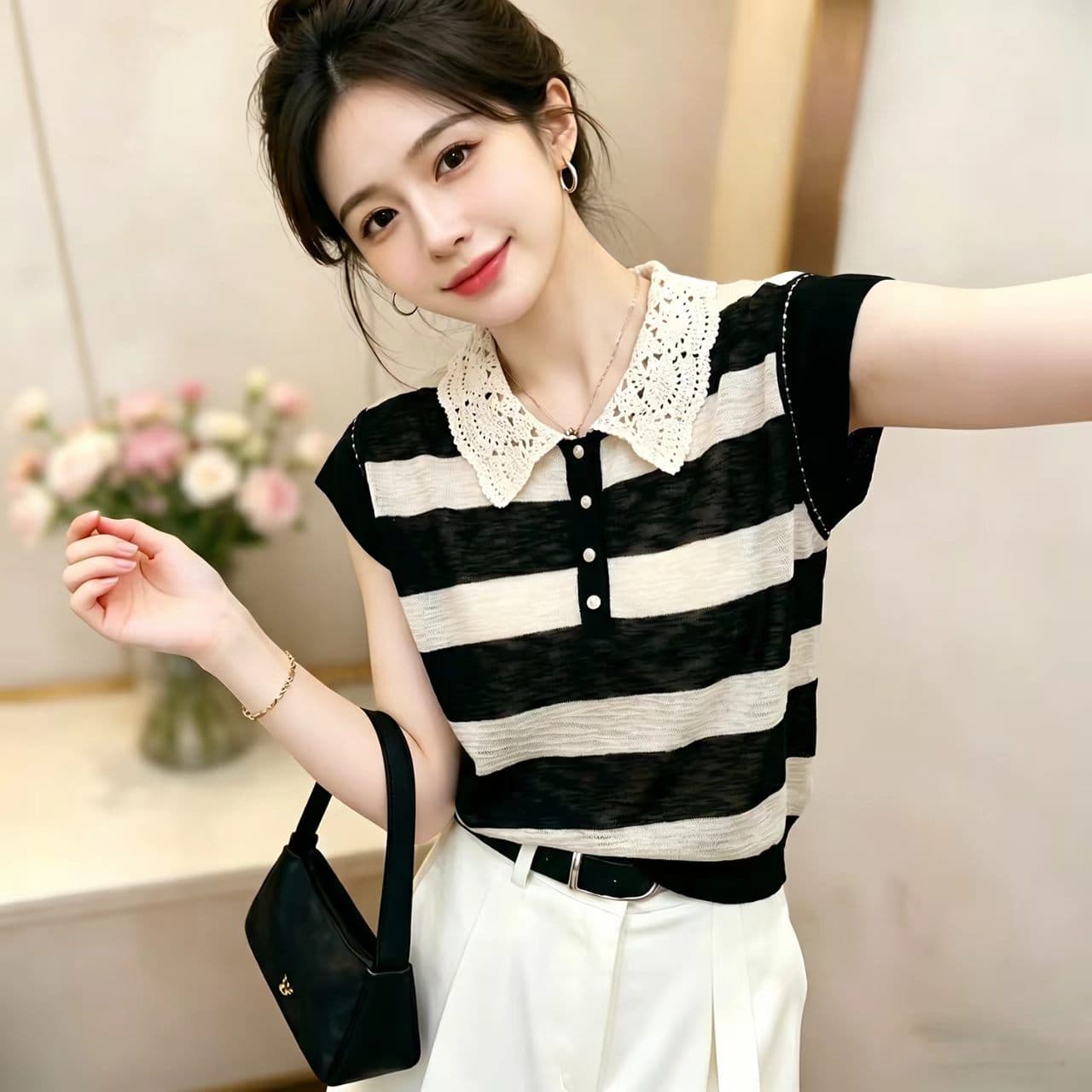 여름 새로운 자수 레이스 베이비 칼라 패치워크 색상 스트라이프 연령 감소 다용도 맨위 여성 Feifei 소매 얇은 스타일 니트 스웨터 이미지 2