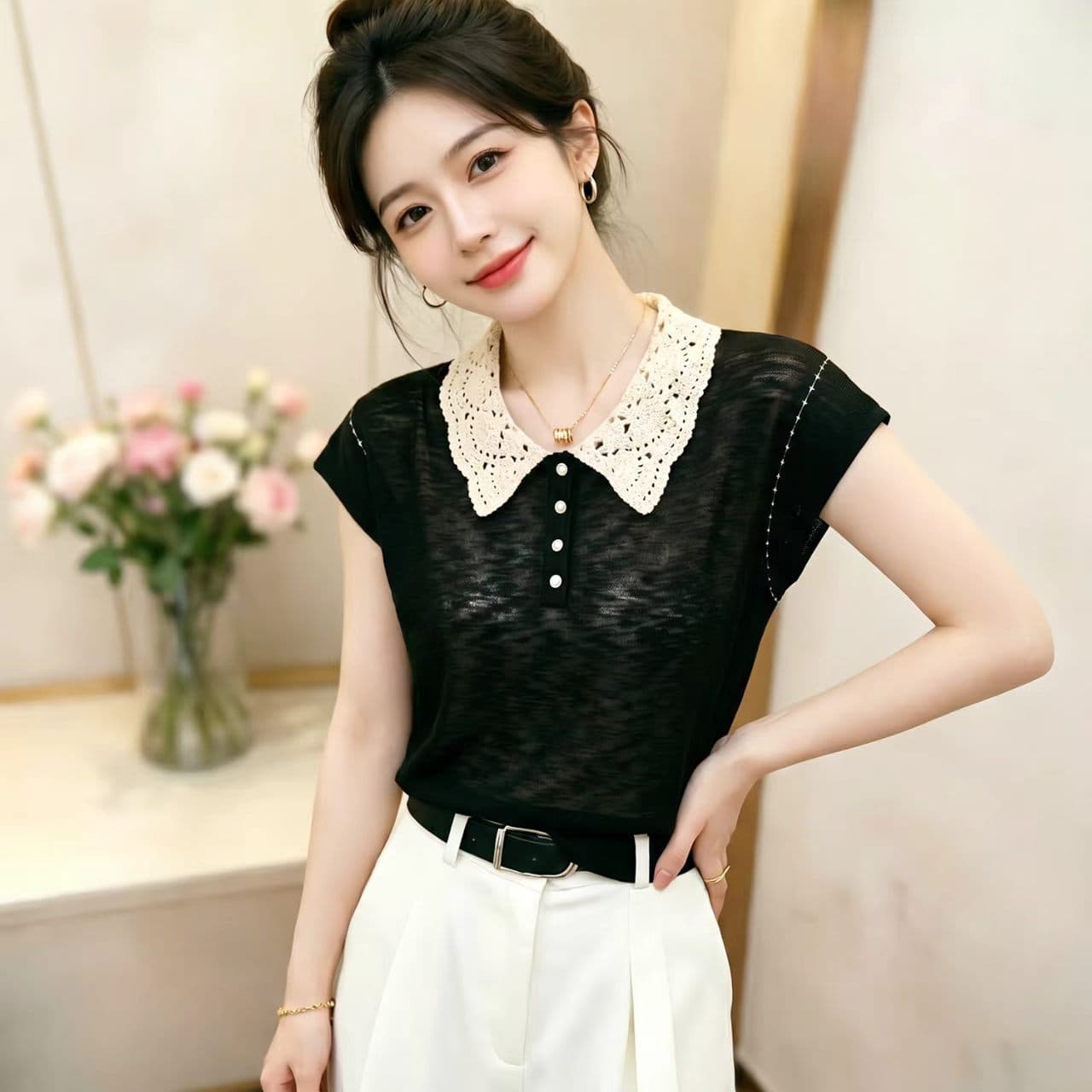 여름 새로운 자수 레이스 베이비 칼라 패치워크 색상 스트라이프 연령 감소 다용도 맨위 여성 Feifei 소매 얇은 스타일 니트 스웨터 이미지 3