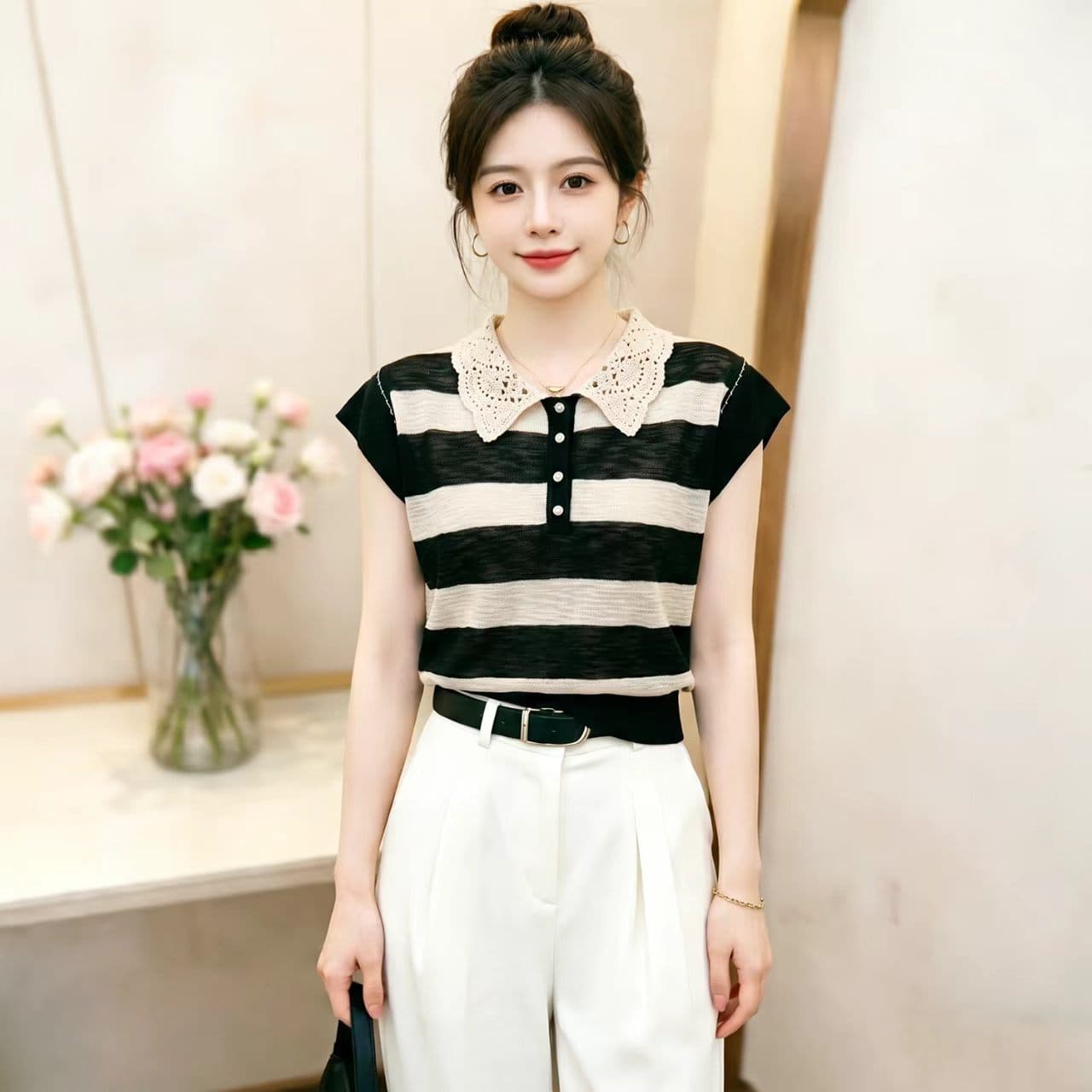여름 새로운 자수 레이스 베이비 칼라 패치워크 색상 스트라이프 연령 감소 다용도 맨위 여성 Feifei 소매 얇은 스타일 니트 스웨터 이미지 5