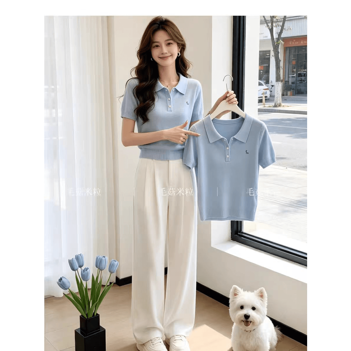 얼음 실크 반팔 티셔츠 여성 여름 새로운 POLO 칼라 단추 니트 스웨터 맨위 파란색 연령 감소 디스플레이 화이트 얇은 맨위 이미지 5