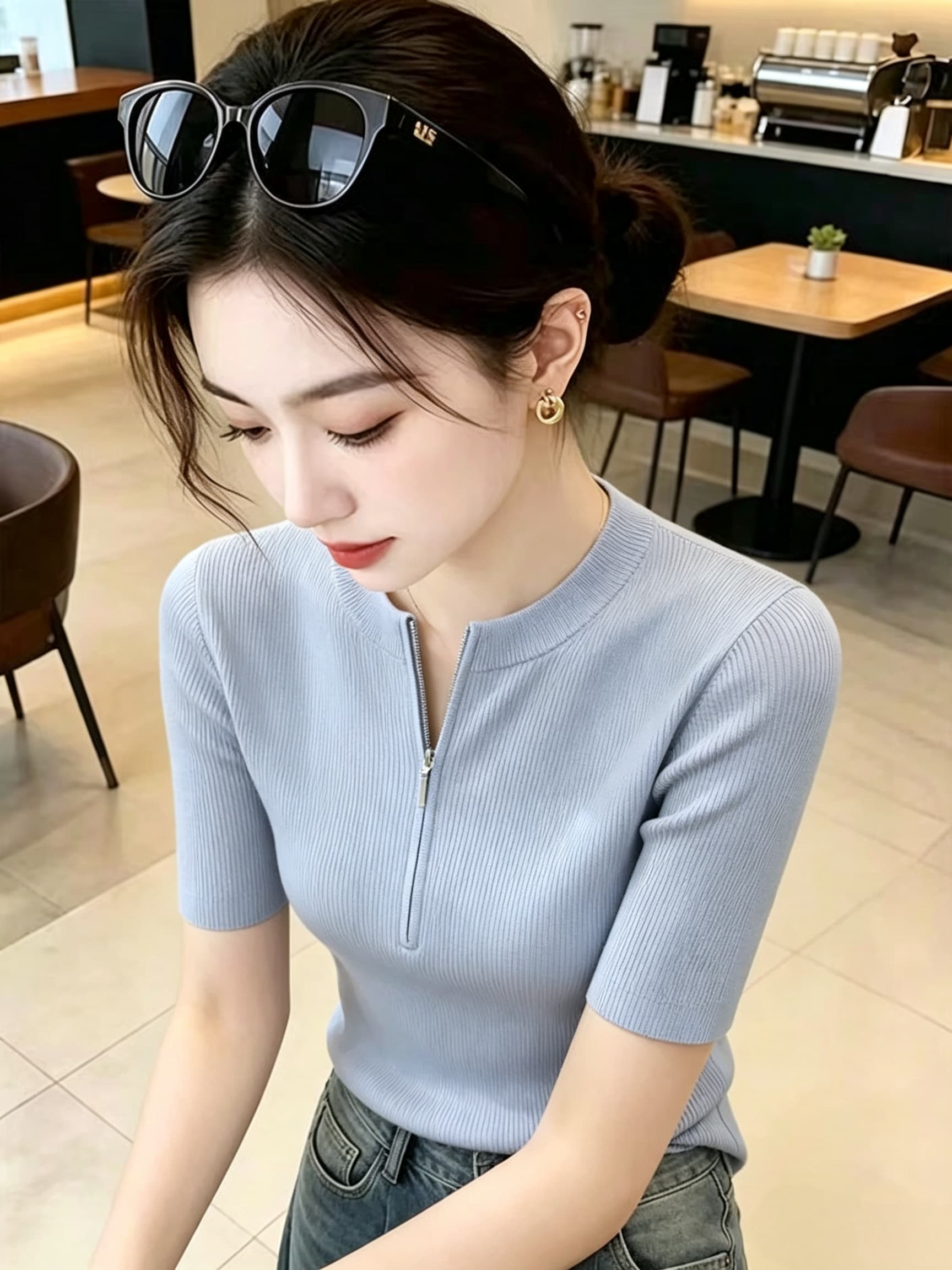 프랑스식 반 개방 지퍼 디자인 긍정적 인 어깨 티셔츠 여름 얇은 스타일 라이 경기 서울 주간 실크 반팔 니트 스웨터 얼음 실크 맨위 상세 이미지 4