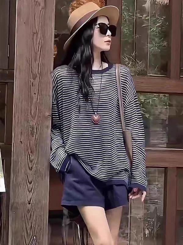스트라이프 긴팔 티셔츠 여성 여름 2026 유럽 상품 새로운 느긋한 자외선 차단 블라우스 캐주얼 중간 길이 라운드 넥 맨위 이미지 3