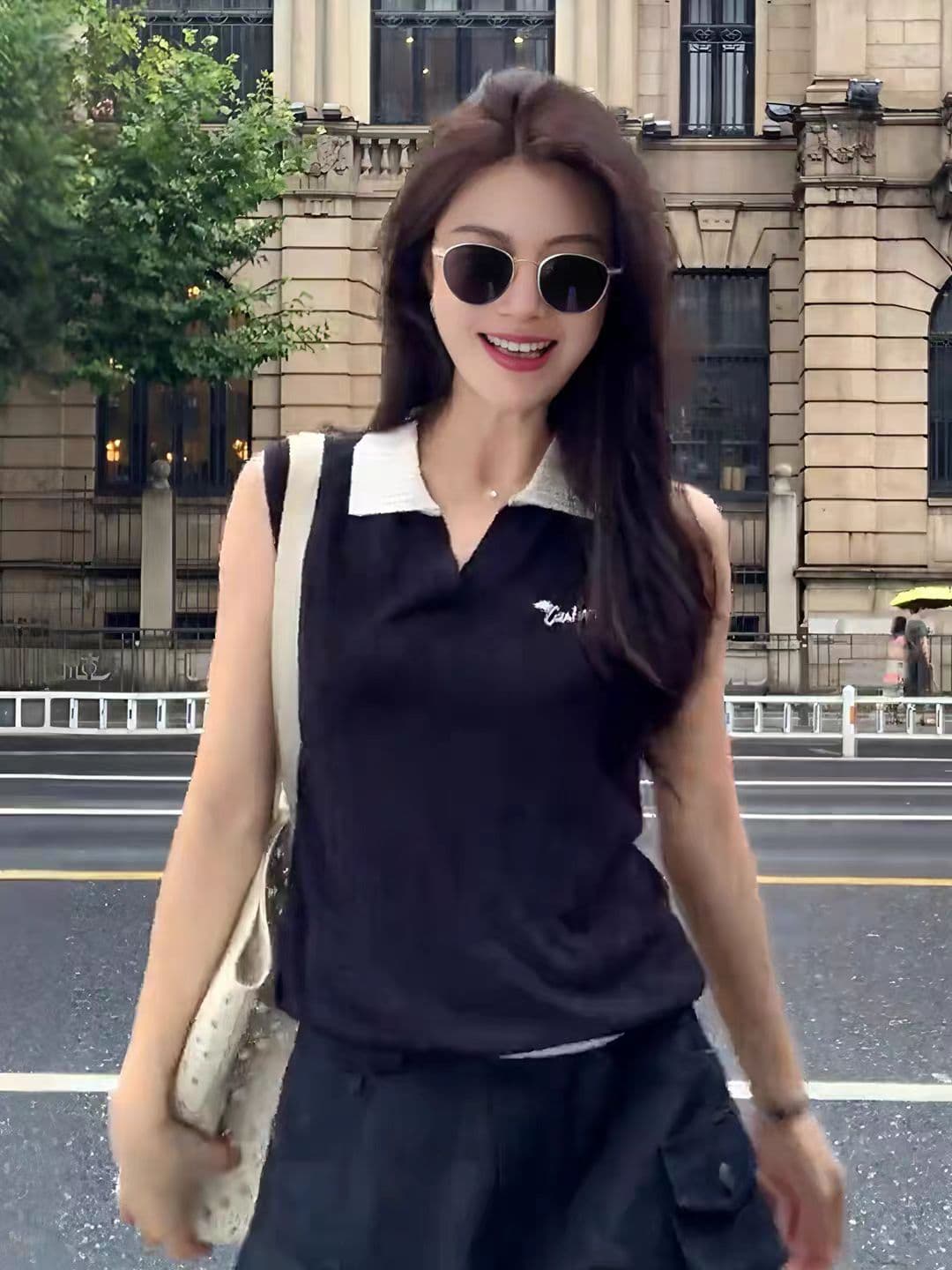 오래된 돈 바람 품격 폴로 칼라 캐주얼 민소매 니트 스웨터 여성 2026 여름 새로운 다용도 자이언트 잘 생긴 티셔츠 맨위 이미지 4