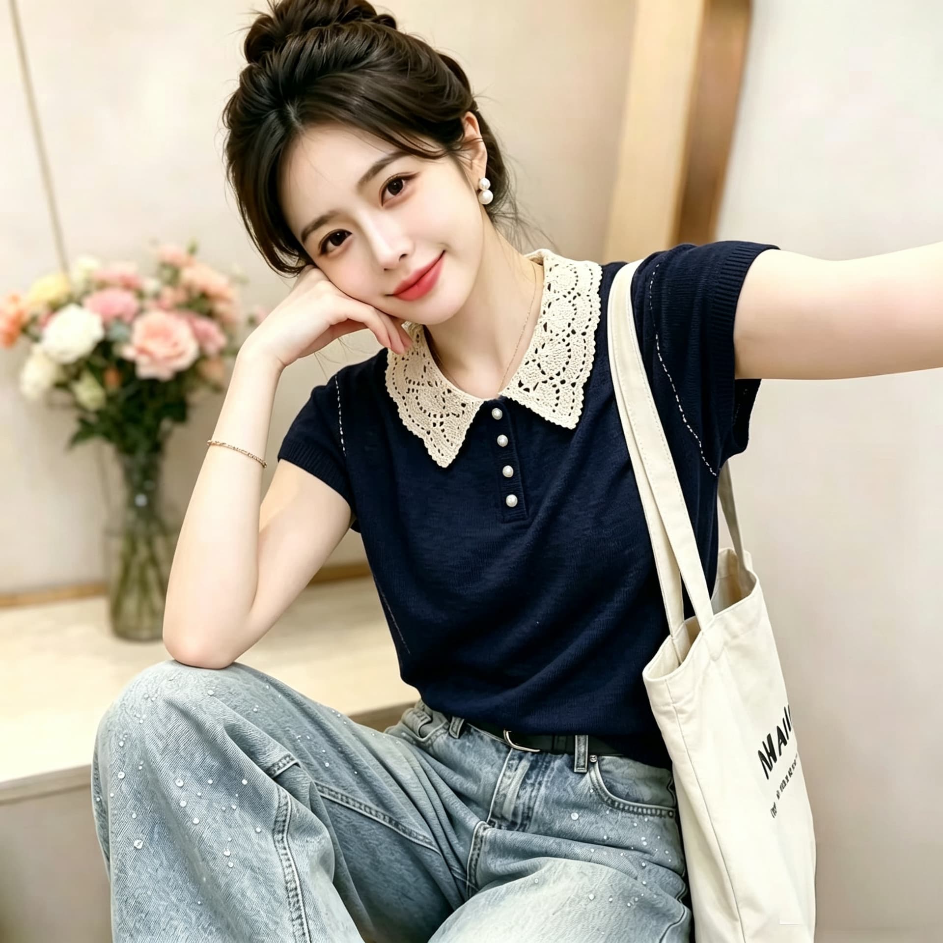 여름 새로운 자수 레이스 베이비 칼라 패치워크 색상 스트라이프 연령 감소 다용도 맨위 여성 Feifei 소매 얇은 스타일 니트 스웨터 상세 이미지 5
