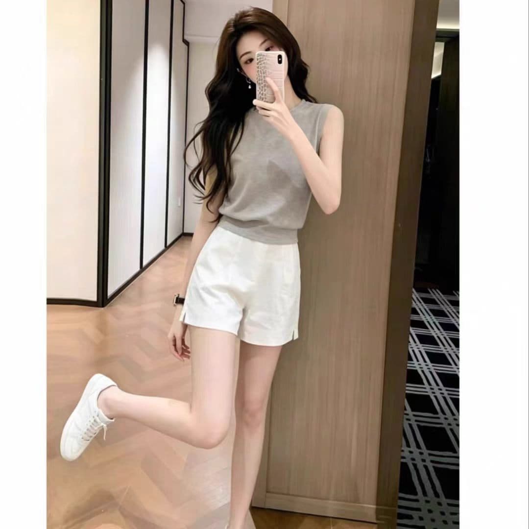 한국 스타일 미니멀리즘 민소매 조끼 여성 여름 작은 키 몸매 가꾸기 슬림해 보이는 투피스 세트 품격 비즈니스웨어 이미지 2