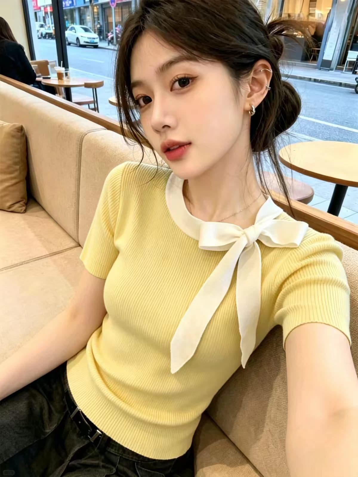 작은 키 절묘한 나비 매듭 스트랩 검정색 반팔 티셔츠 여성 여름 고유 한 아름다운 허리 수축 슬림해 보이는 니트 맨위