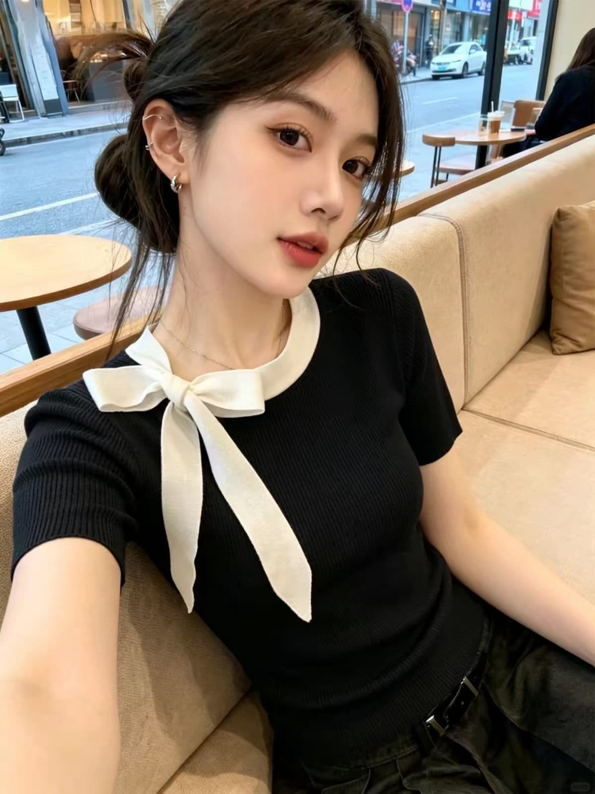 작은 키 절묘한 나비 매듭 스트랩 검정색 반팔 티셔츠 여성 여름 고유 한 아름다운 허리 수축 슬림해 보이는 니트 맨위 이미지 2