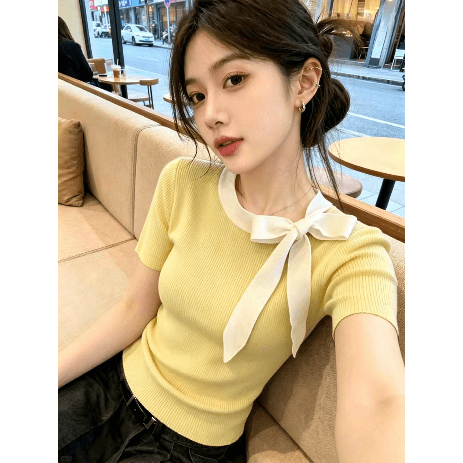 작은 키 절묘한 나비 매듭 스트랩 검정색 반팔 티셔츠 여성 여름 고유 한 아름다운 허리 수축 슬림해 보이는 니트 맨위 이미지 5