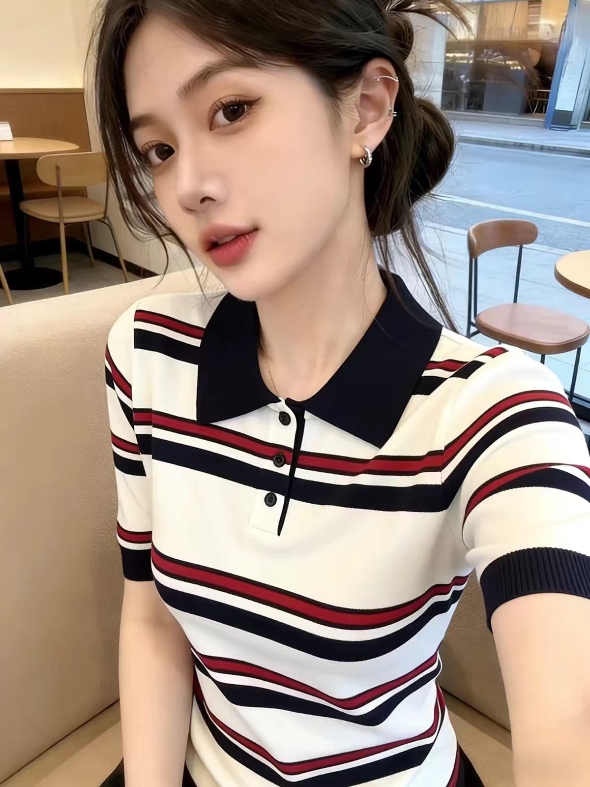 한 부서 POLO 칼라 배색 스트라이프 반팔 니트 티셔츠 여성 2026 여름 새로운 몸매 가꾸기 슬림해 보이는 외국 가스 맨위 이미지 2