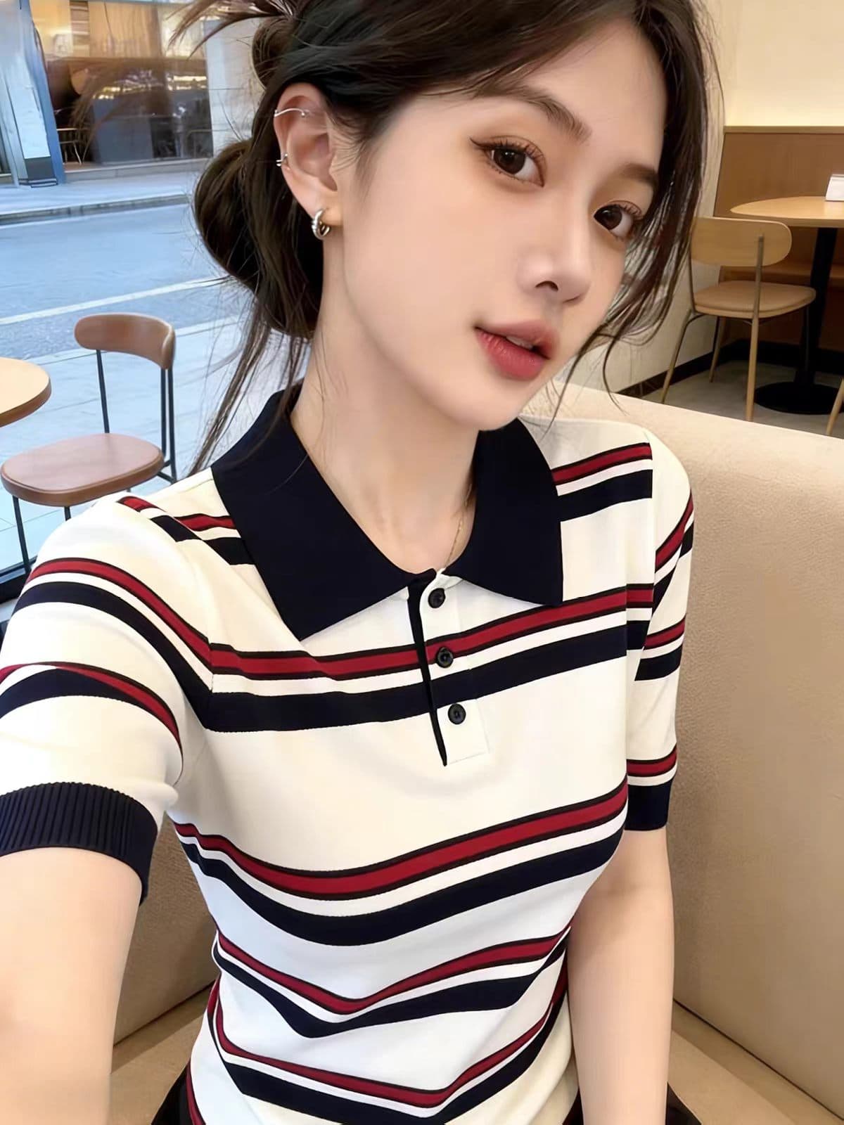 한 부서 POLO 칼라 배색 스트라이프 반팔 니트 티셔츠 여성 2026 여름 새로운 몸매 가꾸기 슬림해 보이는 외국 가스 맨위 이미지 4