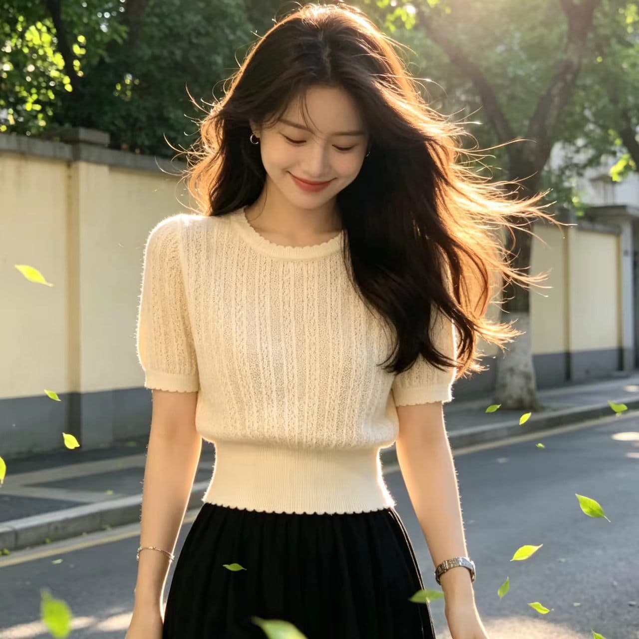 프랑스식 살구 색상 얼음 실크 홀로우 아웃 니트 스웨터 반팔 여성 여름 고유 한 아름다운 꼬집기 허리 작은 샤넬 스타일 품격 티셔츠 맨위 이미지 2