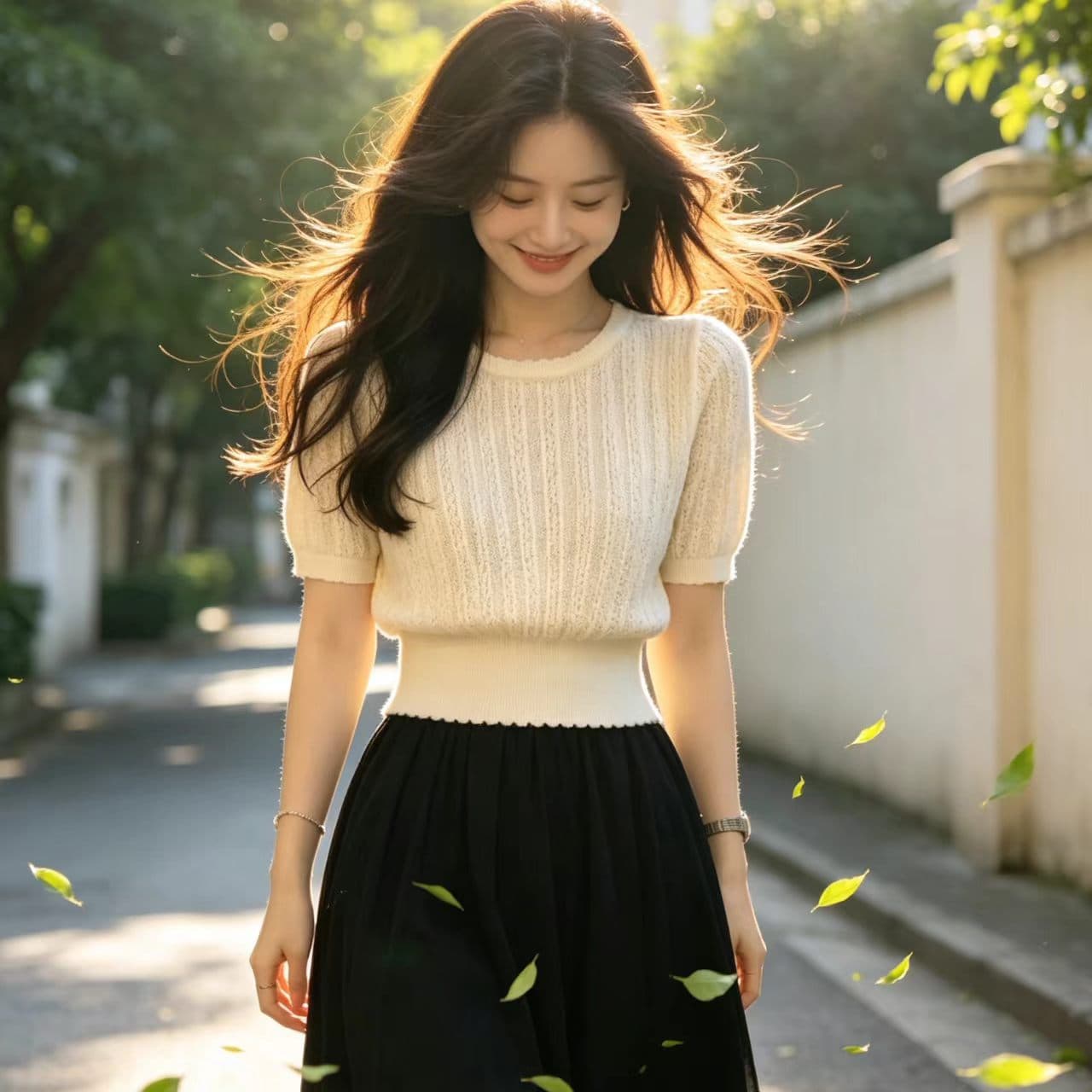 프랑스식 살구 색상 얼음 실크 홀로우 아웃 니트 스웨터 반팔 여성 여름 고유 한 아름다운 꼬집기 허리 작은 샤넬 스타일 품격 티셔츠 맨위 상세 이미지 5