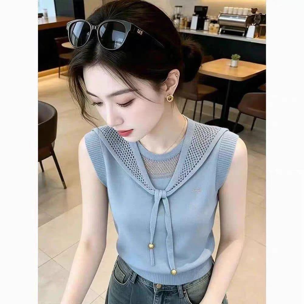 2026 여름 새로운 한 부서 디자인 센스 리본 홀로우 아웃 니트 조끼 여성 달콤함 라운드 넥 민소매 연령 감소 맨위 상세 이미지 1