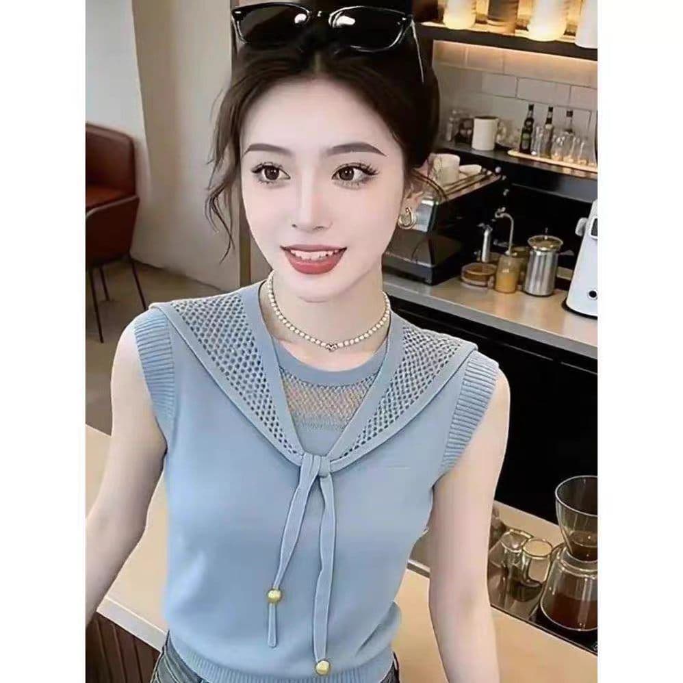 2026 여름 새로운 한 부서 디자인 센스 리본 홀로우 아웃 니트 조끼 여성 달콤함 라운드 넥 민소매 연령 감소 맨위 상세 이미지 2