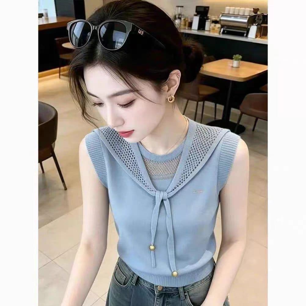 2026 여름 새로운 한 부서 디자인 센스 리본 홀로우 아웃 니트 조끼 여성 달콤함 라운드 넥 민소매 연령 감소 맨위 상세 이미지 4