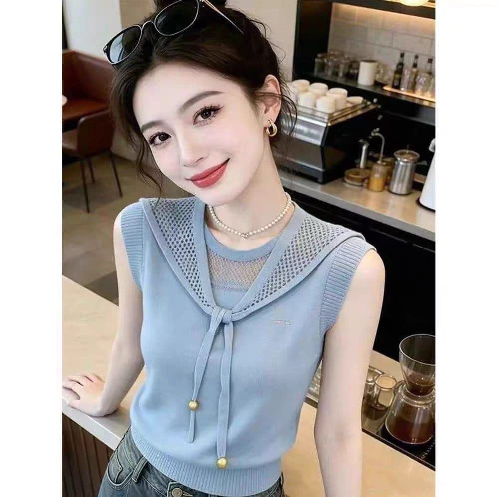 2026 여름 새로운 한 부서 디자인 센스 리본 홀로우 아웃 니트 조끼 여성 달콤함 라운드 넥 민소매 연령 감소 맨위 상세 이미지 5