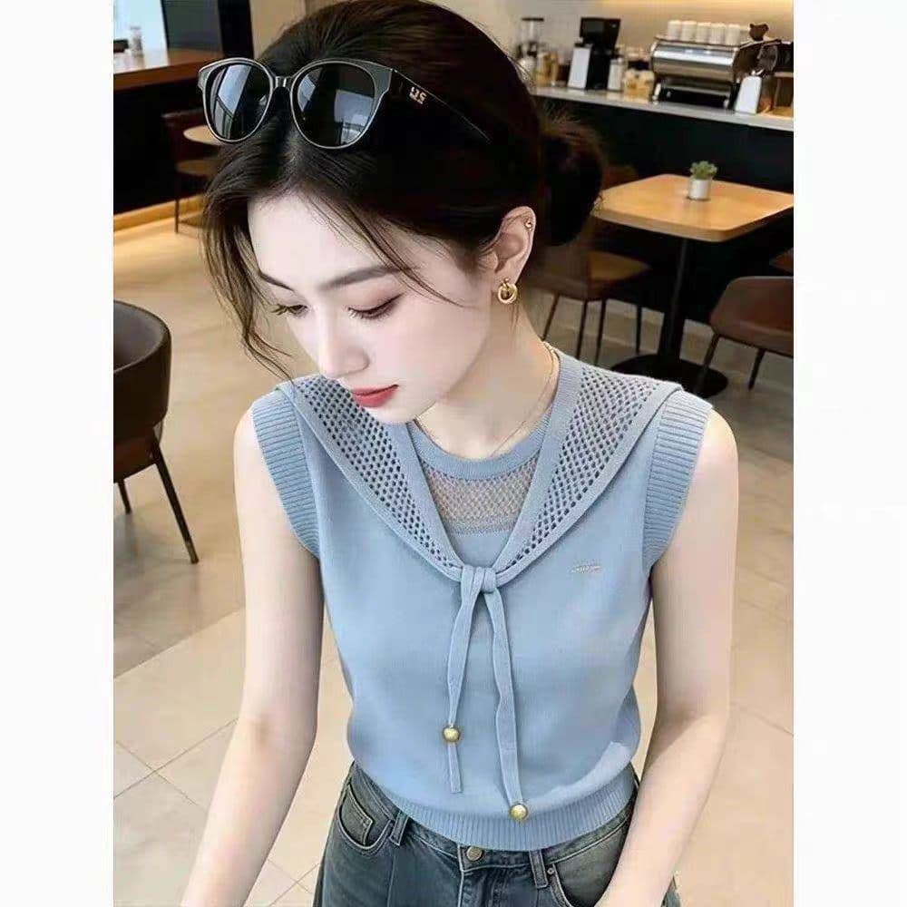2026 여름 새로운 한 부서 디자인 센스 리본 홀로우 아웃 니트 조끼 여성 달콤함 라운드 넥 민소매 연령 감소 맨위 상세 이미지 7