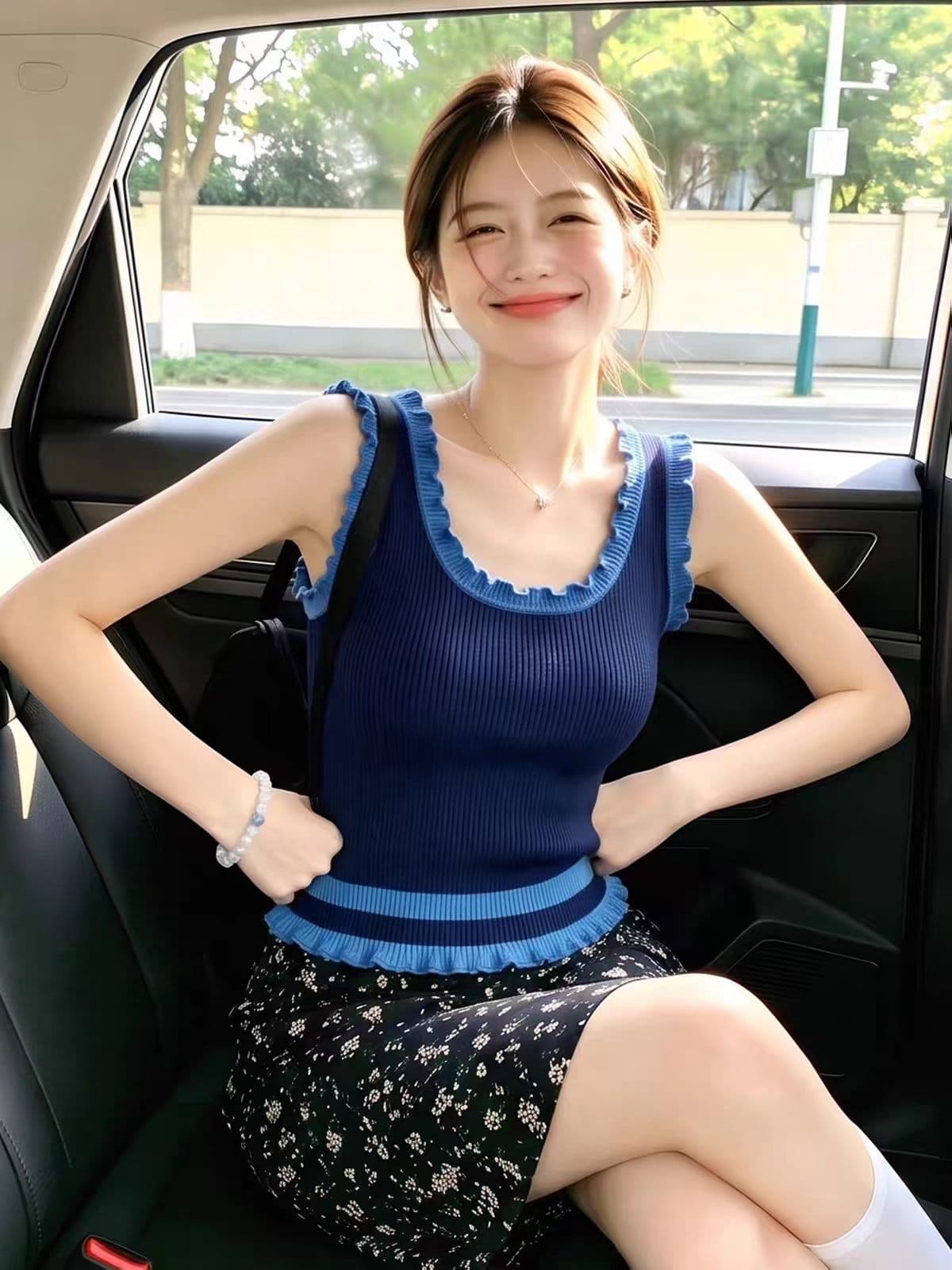 배색 프릴 u 칼라 민소매 니트 조끼 여성 여름 경량 몸매 가꾸기 슬림해 보이는 다용도 한 부서 작은 슬링 상세 이미지 5