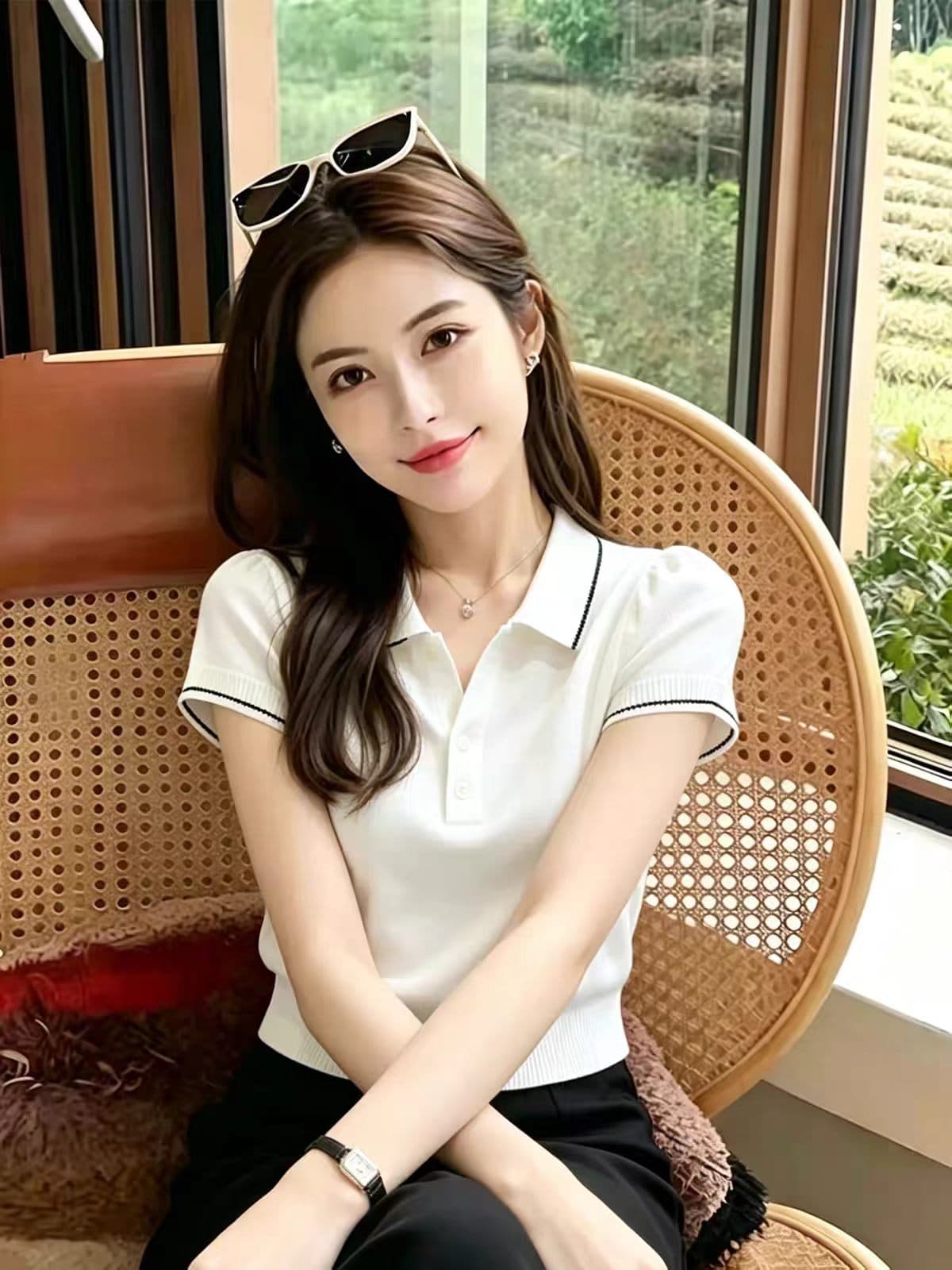 출퇴근 착용 가져 가라. 화이트 폴로 칼라 반팔 니트 스웨터 여성 2026 여름 새로운 패션 배색 파이핑 질감 맨위 상세 이미지 4