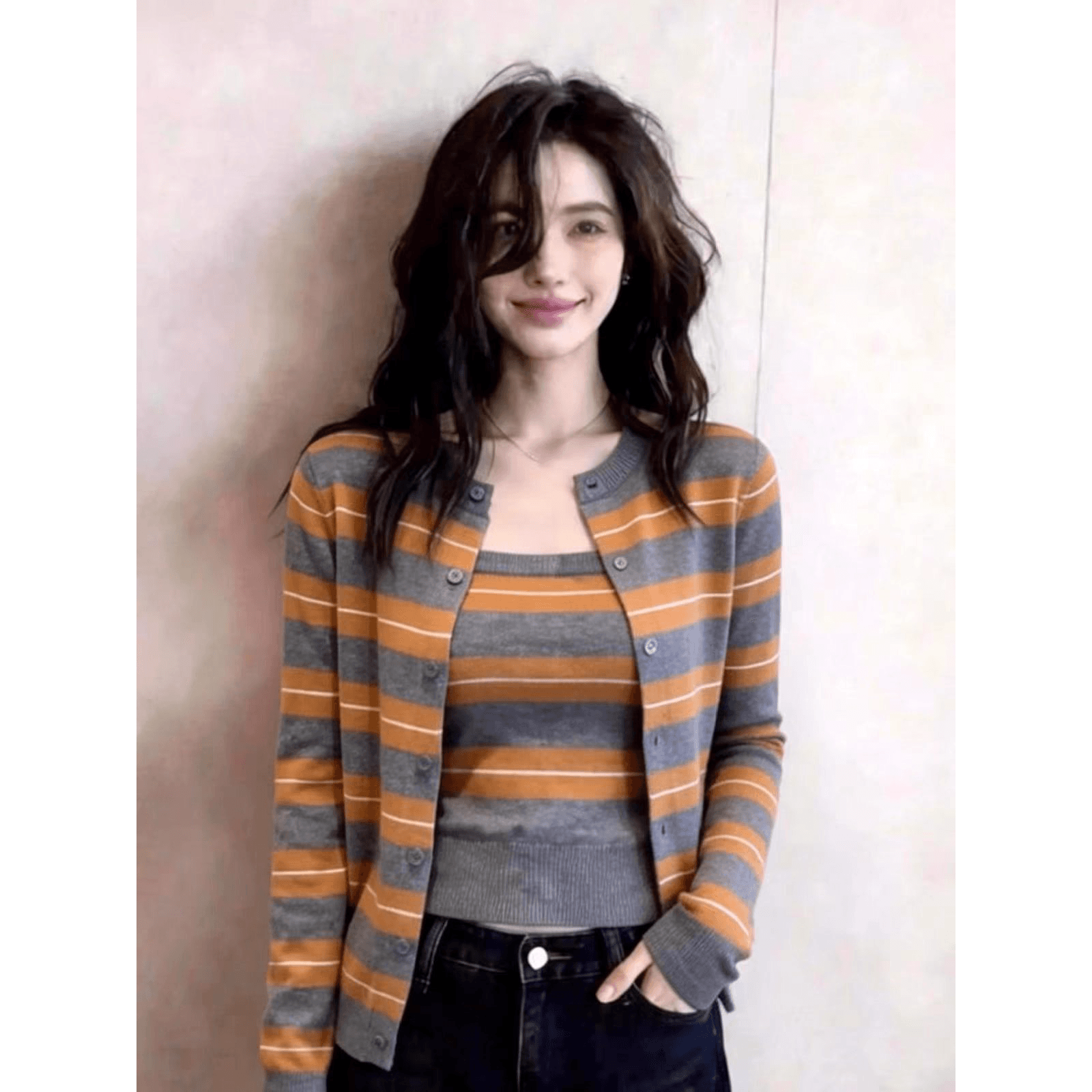 한 인사이드 한 가스 스트라이프 배색 라운드 넥 니트 오픈 가디건 여성 조기 봄 착용 가져 가라. 디자인 센스 스택 착용 투피스 세트 맨위 이미지 5