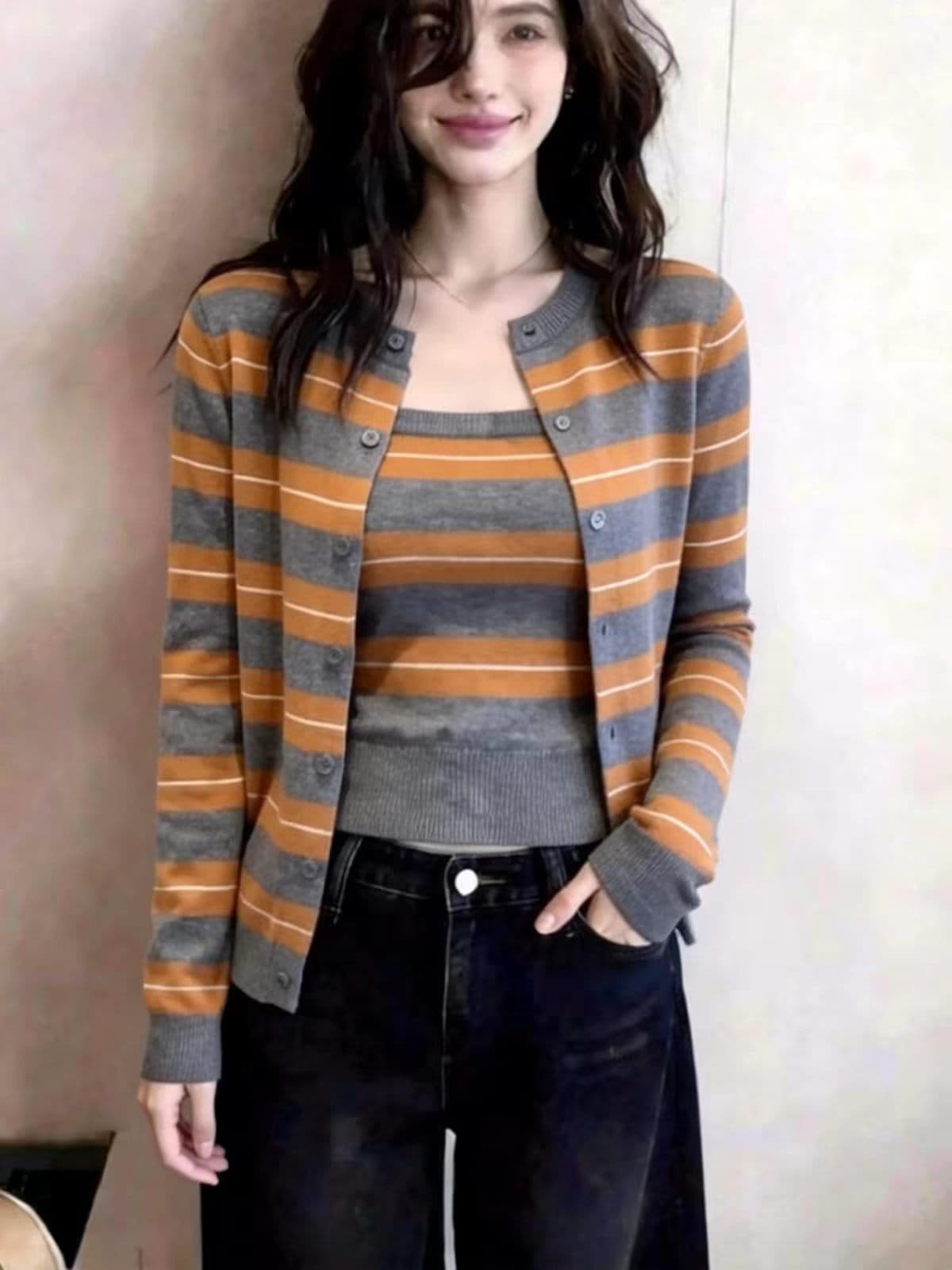 한 인사이드 한 가스 스트라이프 배색 라운드 넥 니트 오픈 가디건 여성 조기 봄 착용 가져 가라. 디자인 센스 스택 착용 투피스 세트 맨위 상세 이미지 3