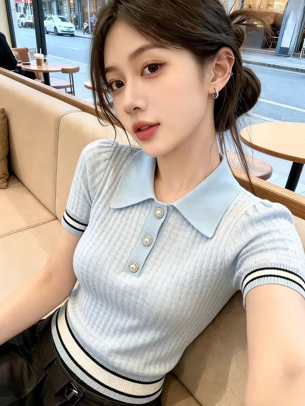 한 부서 POLO 칼라 배색 단추 반팔 니트 스웨터 여성 2026 여름 새로운 몸매 가꾸기 슬림해 보이는 외국 가스 짧은 맨위 상세 이미지 1