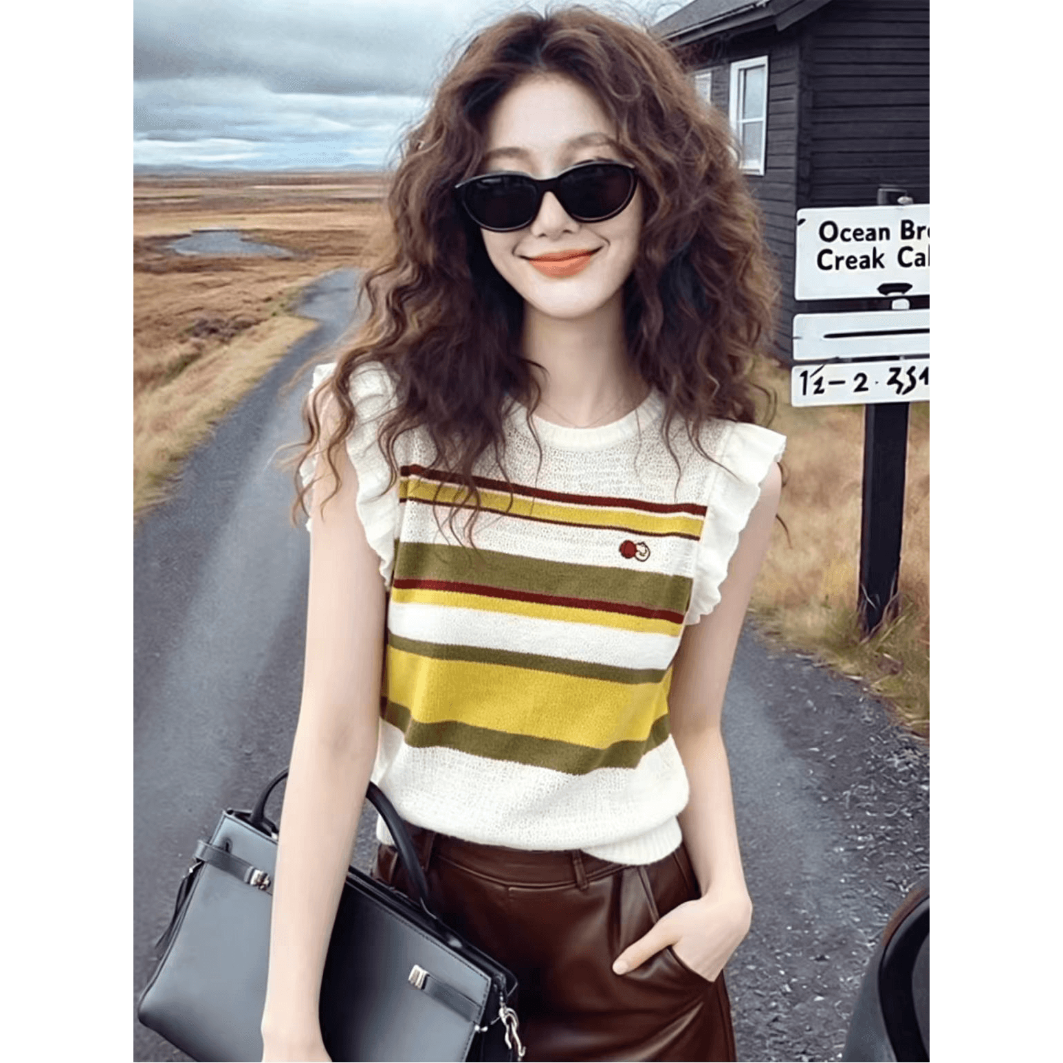 한 부서 바람 연령 감소 품격 자수 작은 날다 소매 니트 조끼 여성 여름 새로운 색상 스트라이프 라운드 넥 맨위 이미지 5